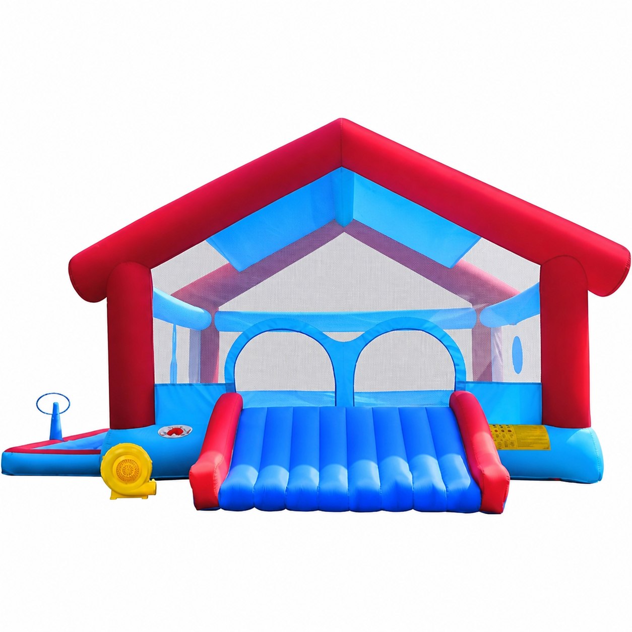 Classic red and blue bounce house with slide