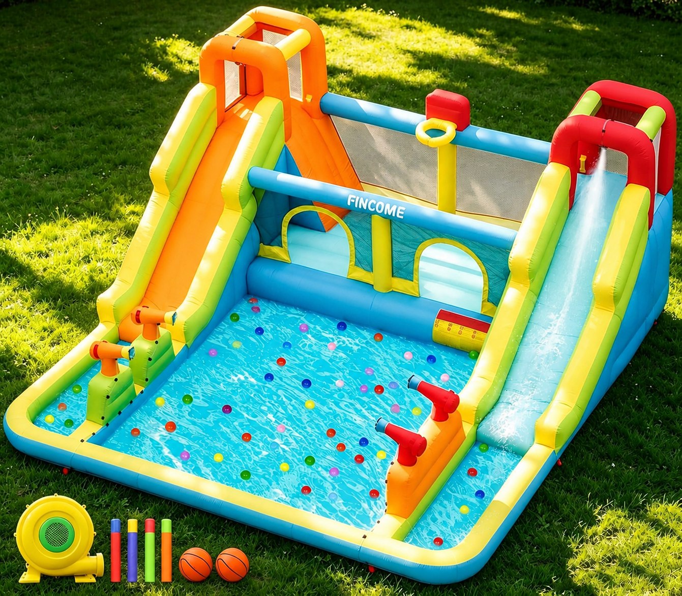 Colorful wet combo slide bounce house