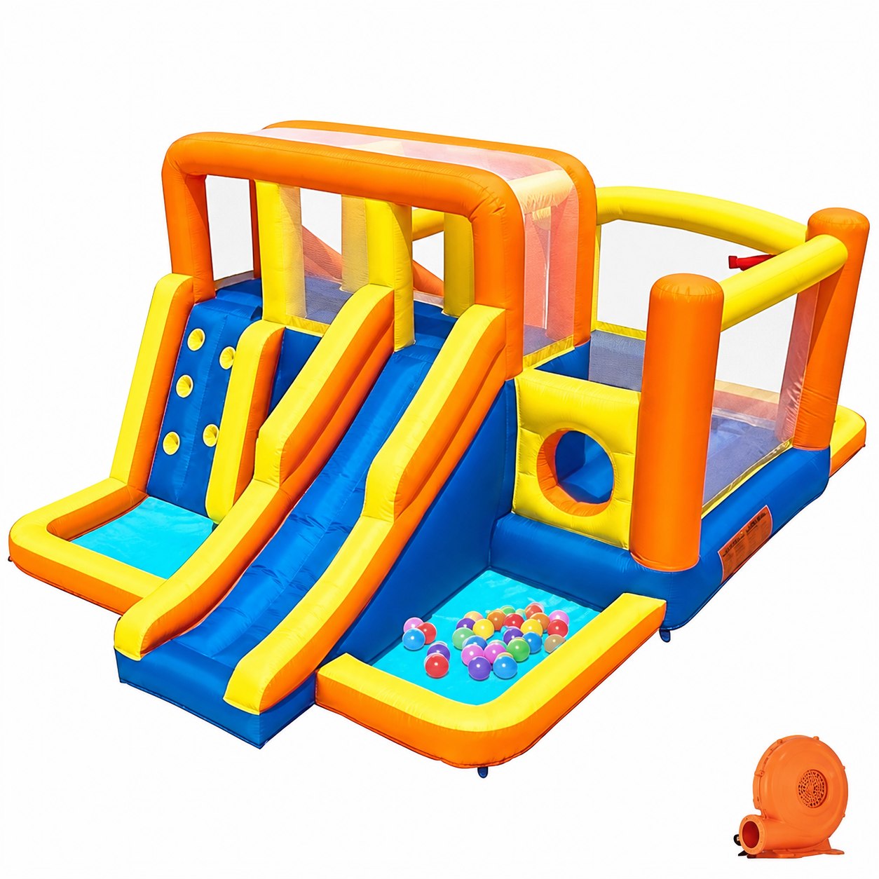 Colorful water slide bounce house with splash pool